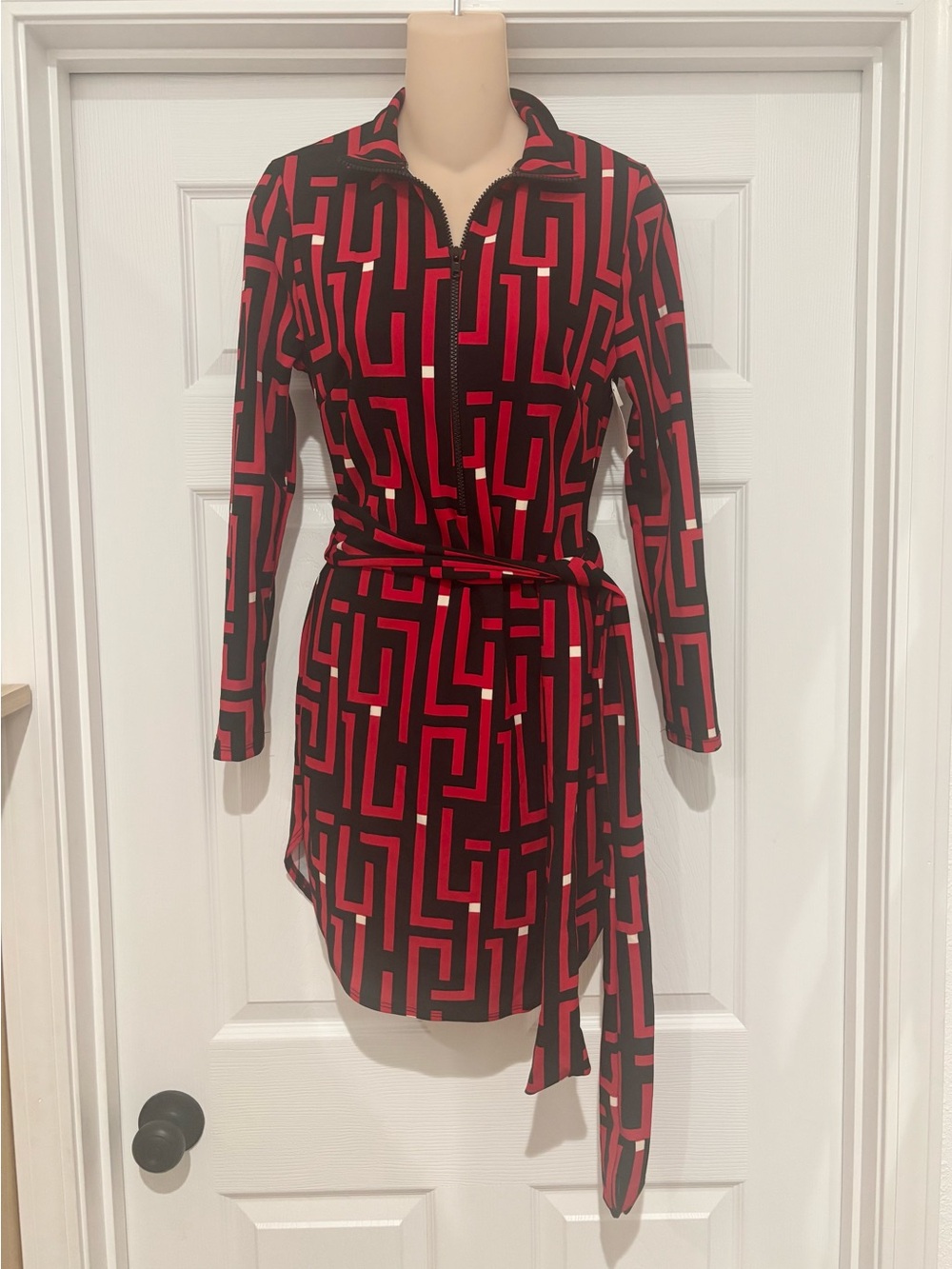 Black & Red Geometric Zip-Front Wrap Dress